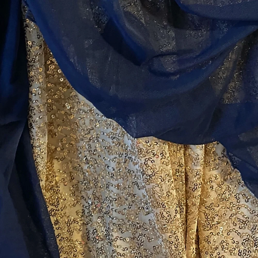 La Femme Navy Blue & Gold Sleeveless Sequin Gown